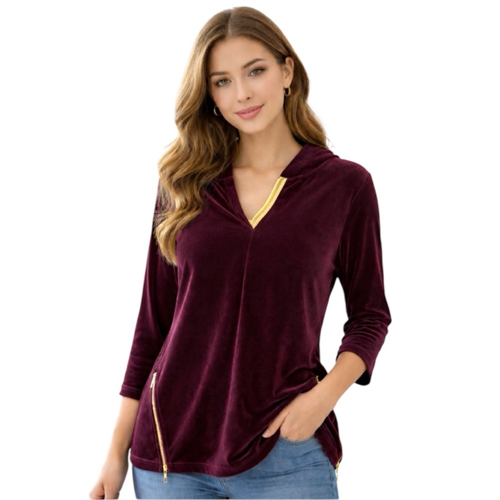 Zenergy by Chico’s burgundy & gold velour hooded top women’s medium